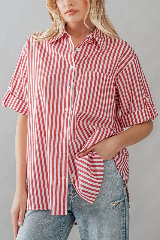 Button Down High Low Stripe Shirt - Long Sleeve: PINK / S-2/M-2/L-2