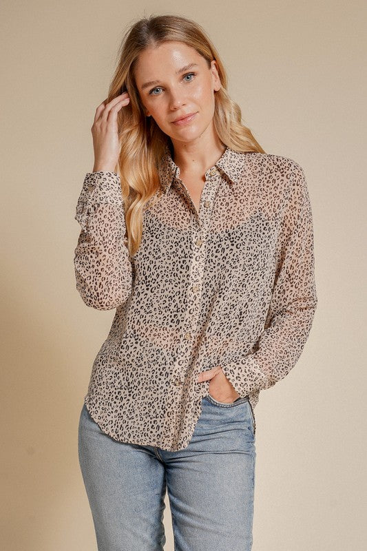 Chiffon Button-up Animal Print Blouse