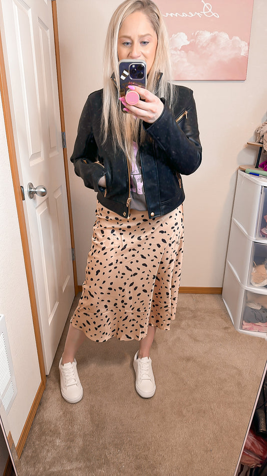 Satin Leopard Print Midi Skirt