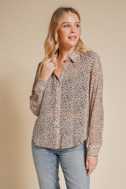 Chiffon Button-up Animal Print Blouse