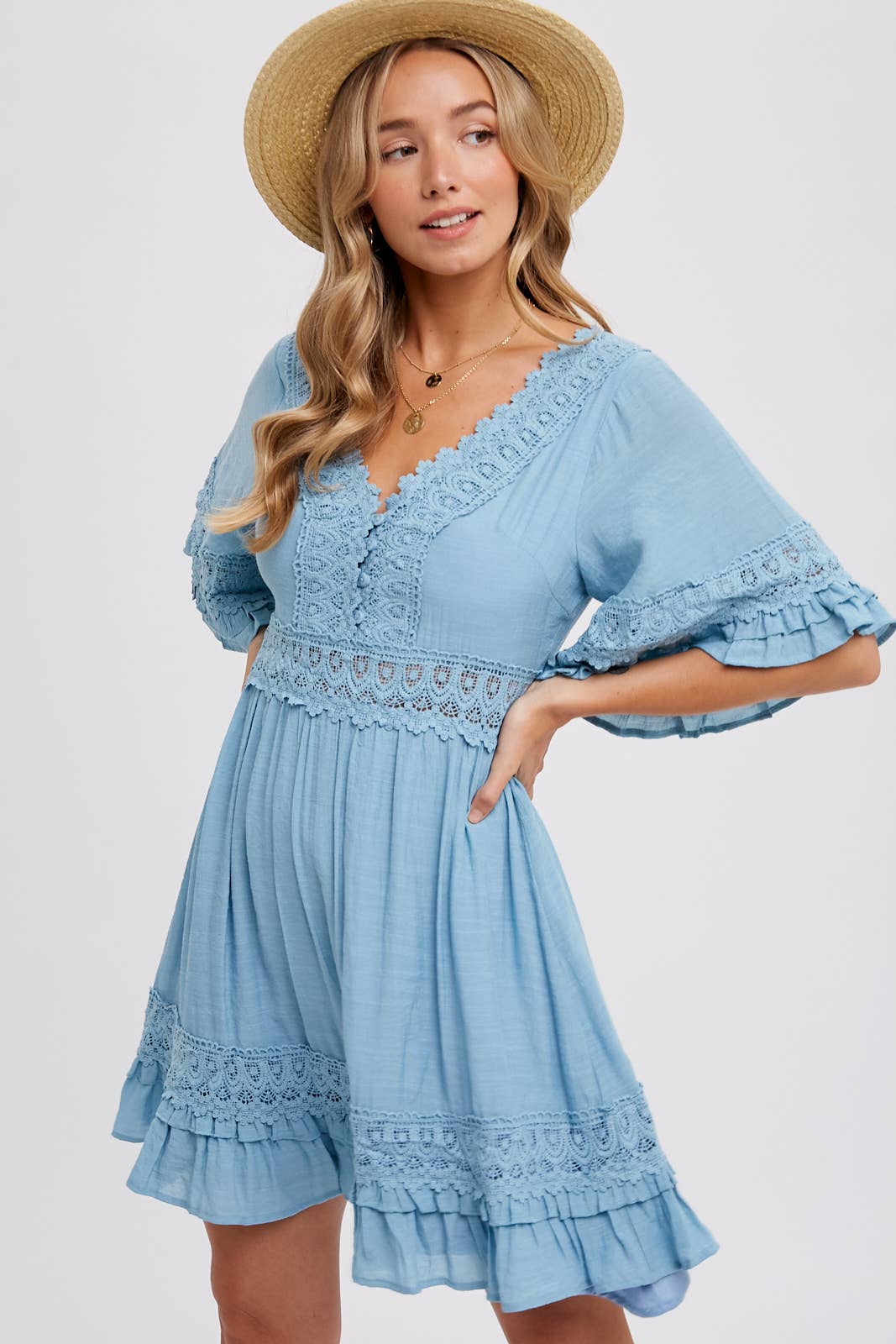 chambray and lace dress LOLA P. CHAMBRAY BLUE DRESS